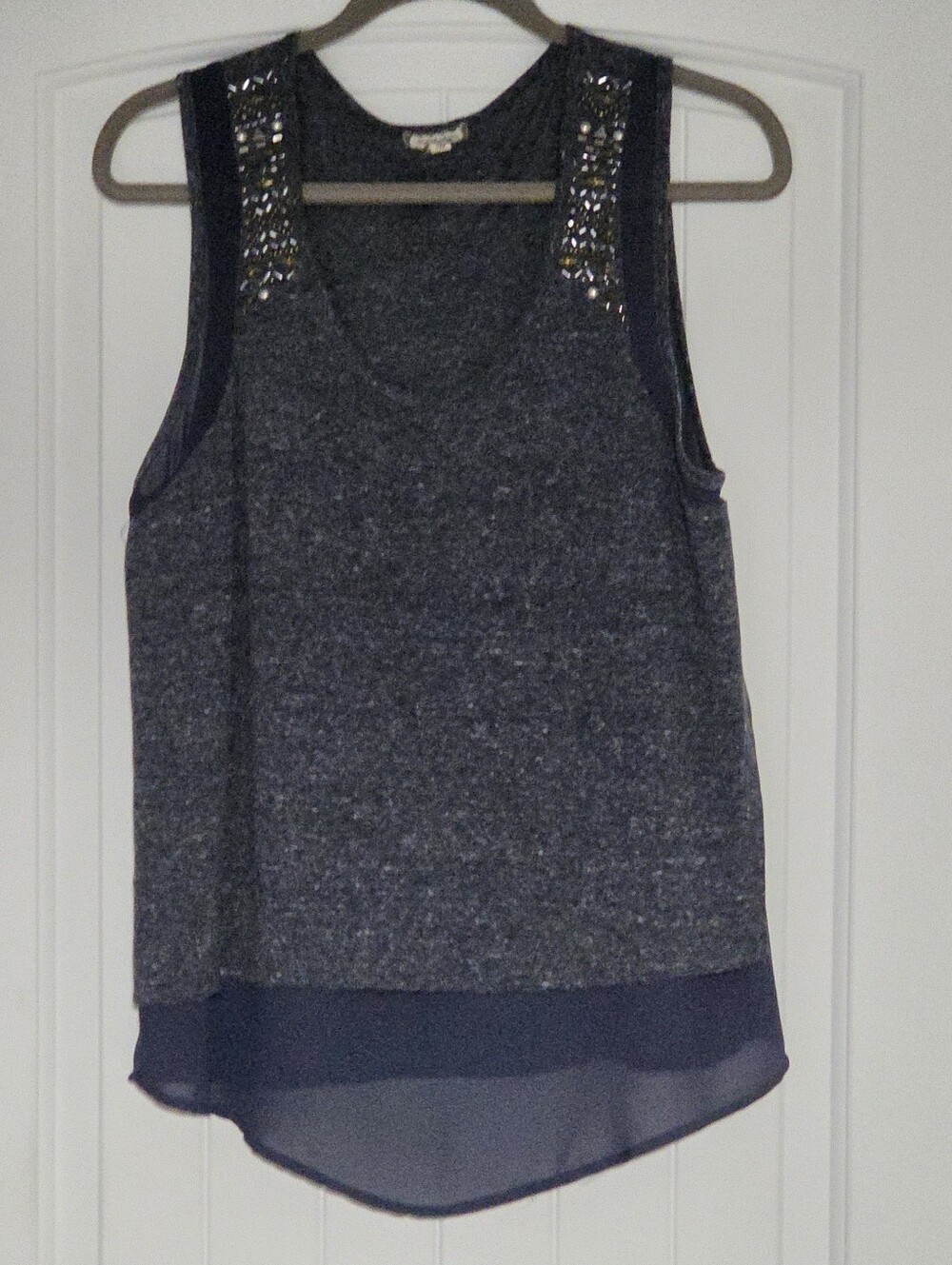 Eyeshadow Charcoal Gray Beaded Shoulder Tank Top Layered Chiffon Hem L